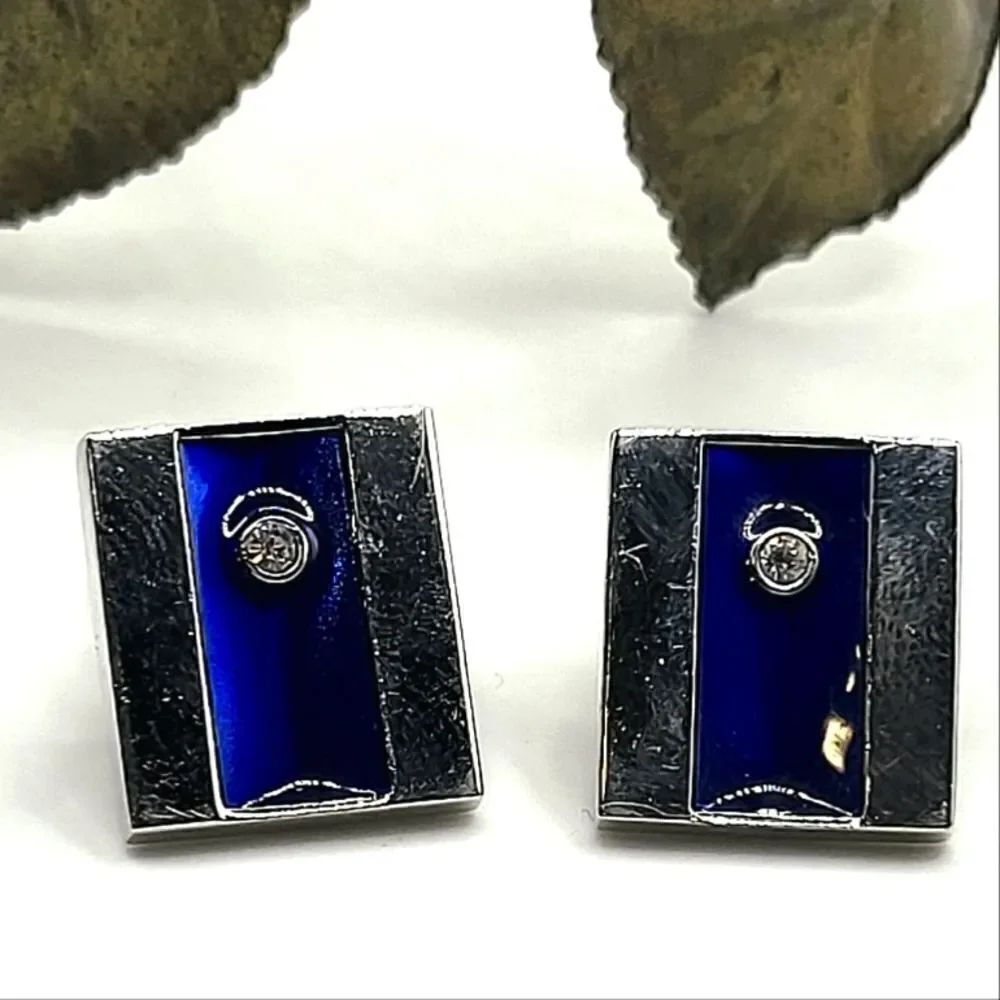 "5/$40" Mens Blue Enamel Silvertone Square Cuff Links
